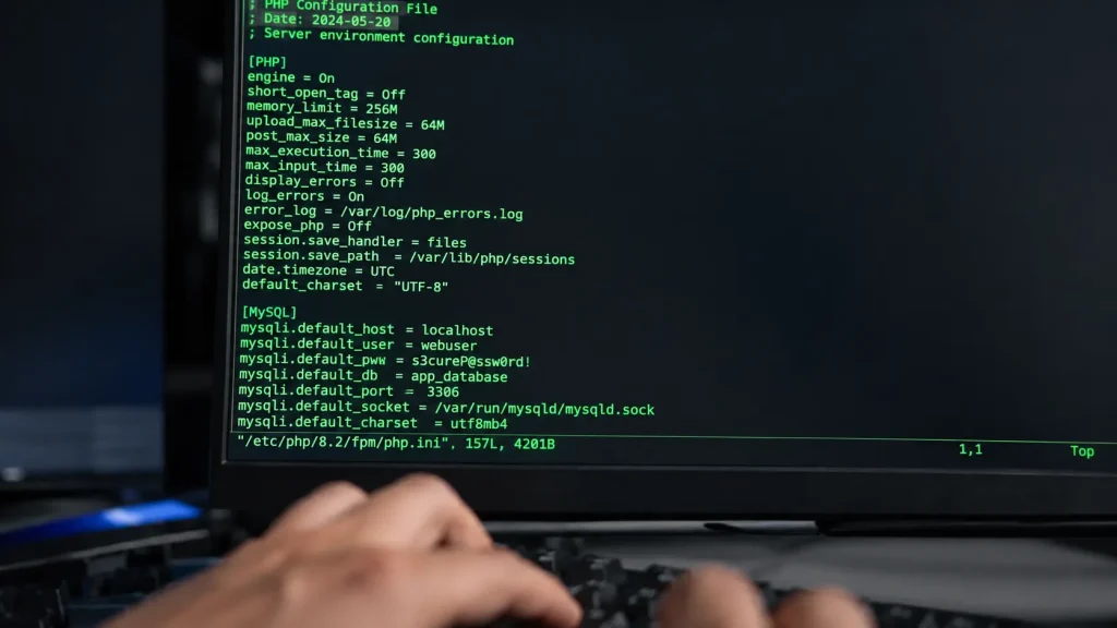 Terminal affichant une configuration serveur avec des paramètres PHP et MySQL