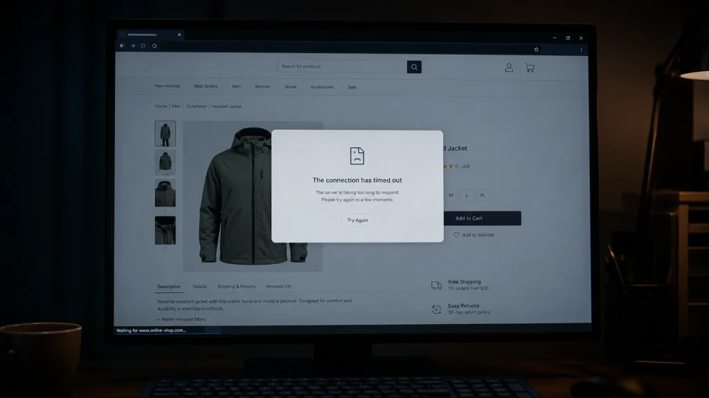 Écran affichant une erreur de timeout sur une boutique en ligne PrestaShop