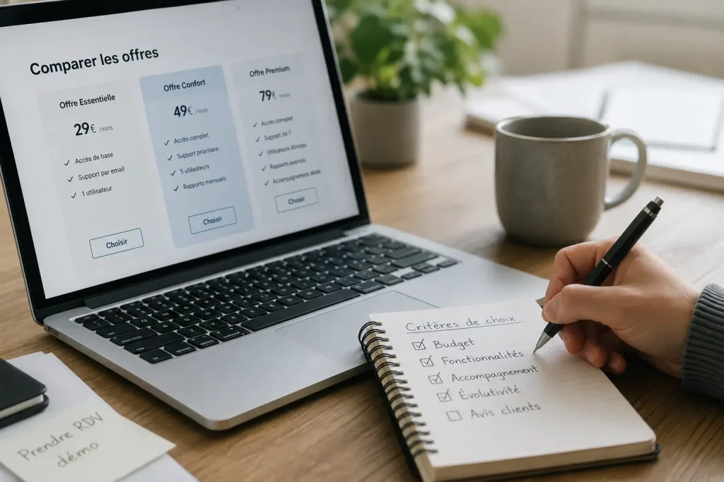 Comparaison d'offres d'hébergement WordPress sur un ordinateur portable avec une check-list de critères
