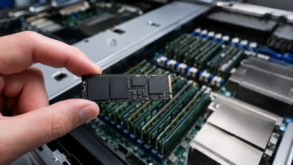 Composants serveur (RAM, carte mère, SSD NVMe) illustrant les besoins de Magento