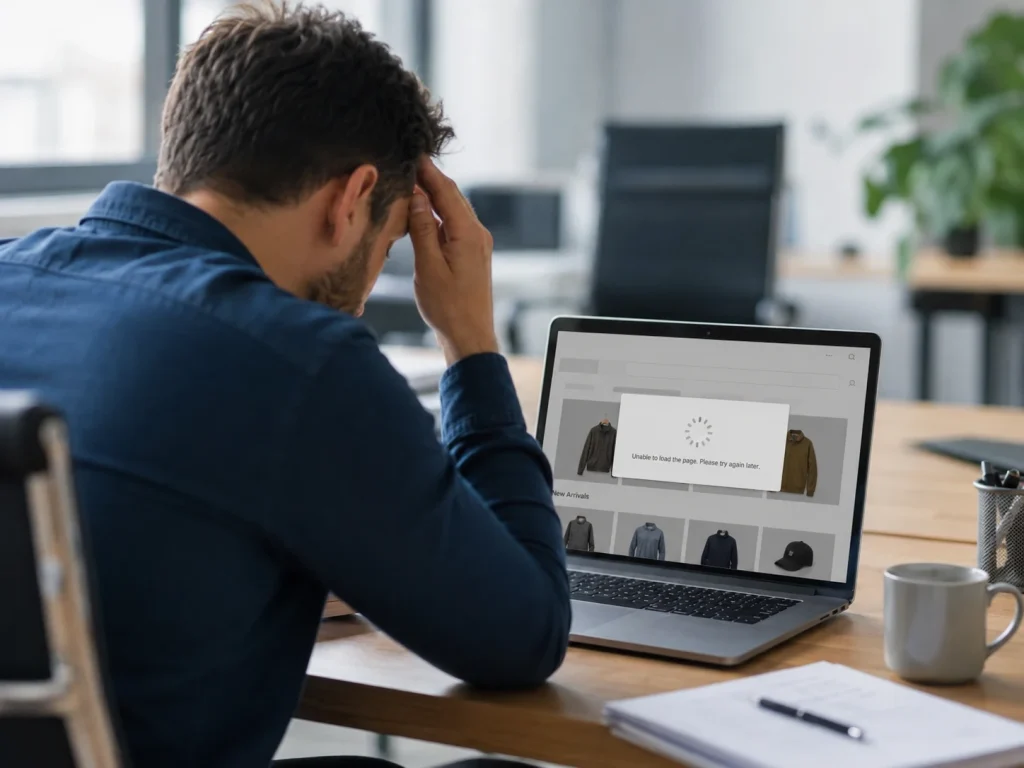 Gérant e-commerce face à une boutique Magento lente sur un hébergement mutualisé